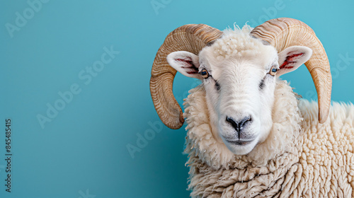 Banner with a portrait of a charming white ram on a blue background, Eid al Adha Mubarak greeting card with sheep. Traditional Muslim holiday, Eid al Adha concept background, place for text.