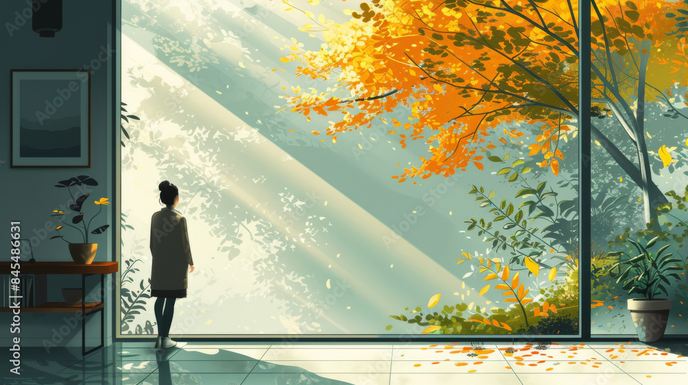 Fototapeta premium A woman is standing in front of a window looking out at a tree with leaves