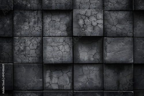 A black and white photo of a wall made of gray blocks. The blocks are arranged in a grid pattern, with some of them slightly overlapping. The photo has a minimalist and modern feel to it