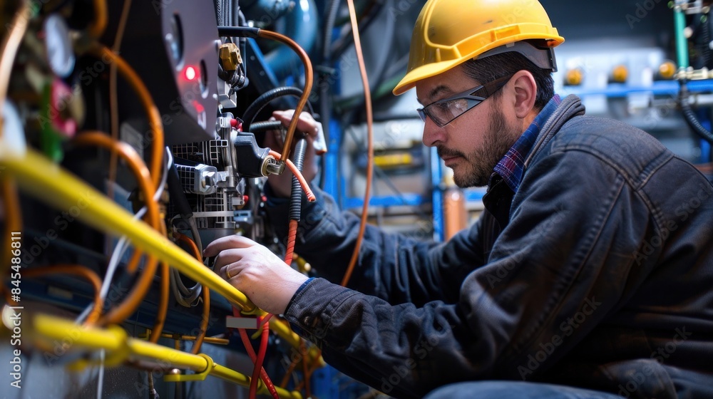A Technician performing maintenance and inspection on an air compressor. A Technician performing maintenance and inspection on an air compressor.