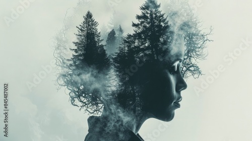 A surreal portrait of an androgynous humanoid character, whose silhouette is filled with a detailed forest scene © Khalif