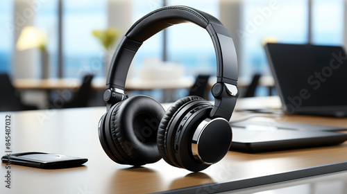 Isolated on a background, customer service headsets at an office desk © Dilshad