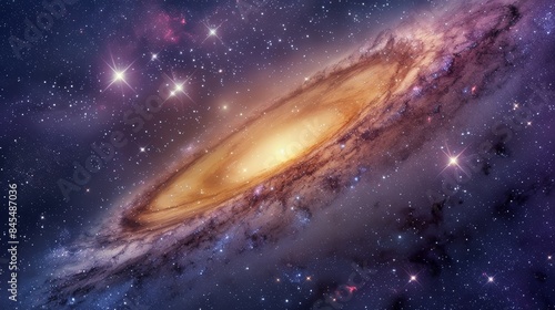 Stunning view of a galaxy with bright stars and a glowing core surrounded by cosmic dust.