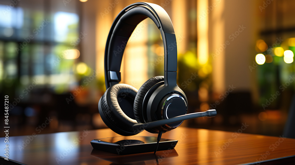 Isolated on a background, customer service headsets at an office desk