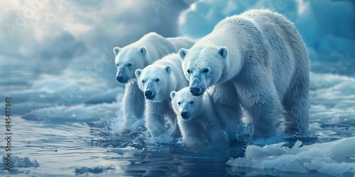 Polar bear family saved from melting Arctic thanks to global warming conservation efforts. Concept Polar Bears  Conservation Efforts  Melting Arctic  Global Warming  Endangered Species