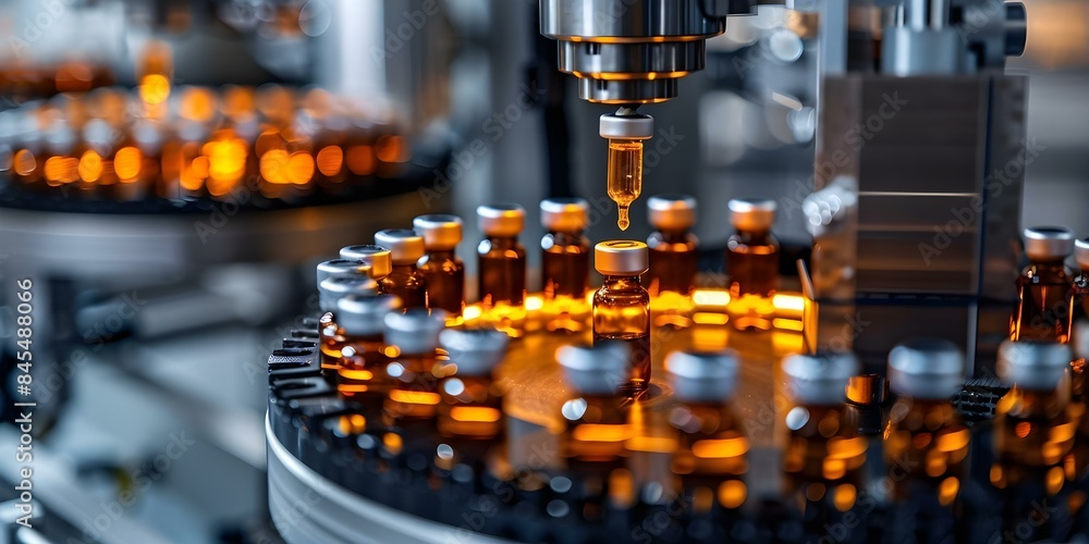 Capturing the Production Process of a Pharmaceutical Factory Filling Glass Ampoules with Medication. Concept Pharmaceutical Factory, Production Process, Filling Ampoules, Medication, Glass Ampoules Capturing the Production Process of a Pharmaceutical Factory Filling Glass Ampoules with Medication. Concept Pharmaceutical Factory, Production Process, Filling Ampoules, Medication, Glass Ampoules