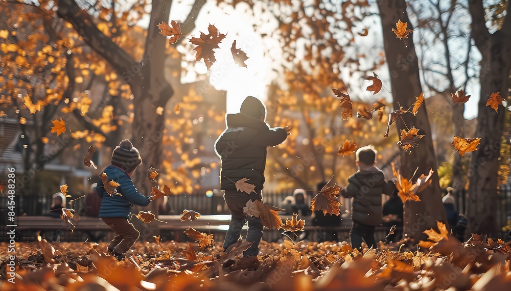 A group of children playing in a park with leaves on the ground A group of children playing in a park with leaves on the ground