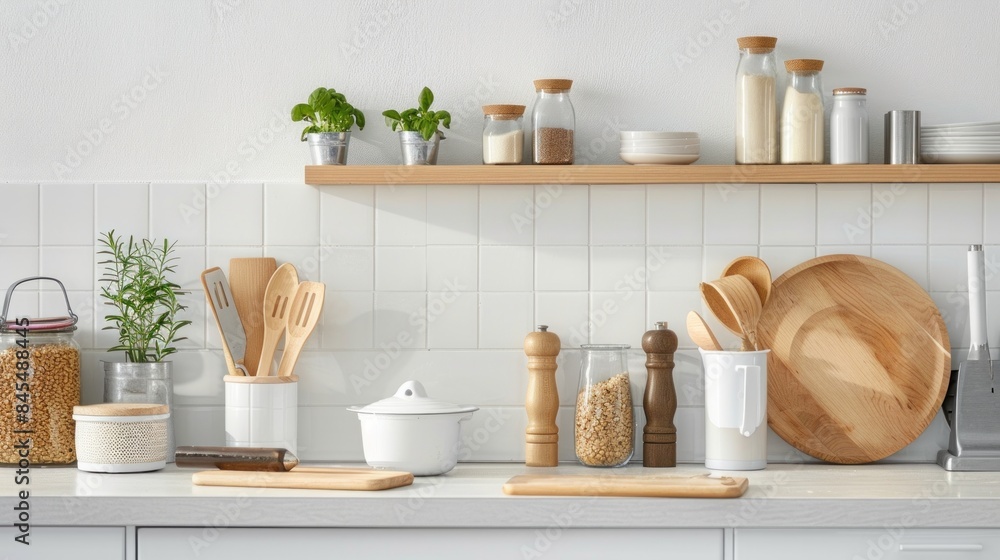 White modern kitchen room with cooking utensil . White modern kitchen room with cooking utensil .