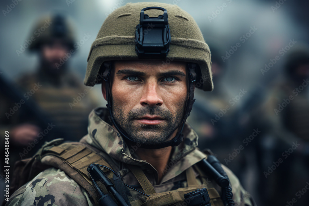Generative ai photo of soldiers in combat gear against the background of military equipment Generative ai photo of soldiers in combat gear against the background of military equipment