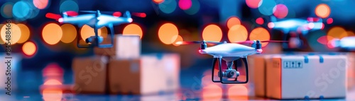Drone Delivery with Bokeh Lighting and Packages