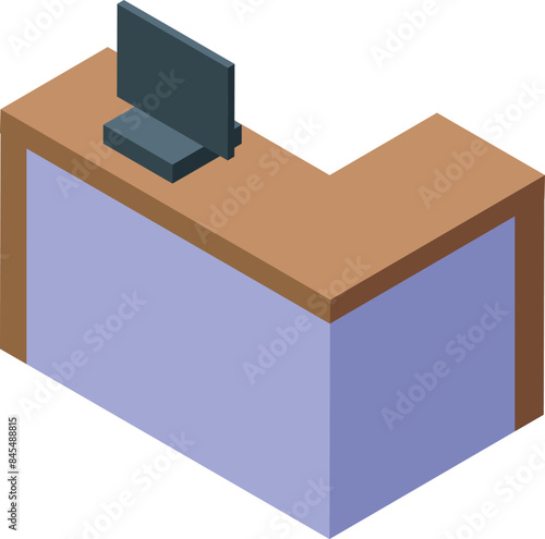 Isometric reception desk with computer, perfect for illustrating hotel lobbies, office spaces, or service counters
