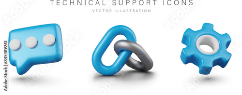 Set of color technical support icons in 3D style. Online help, settings, repairs