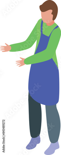 Male cashier wearing apron standing and greeting customers with open arms, modern retail concept