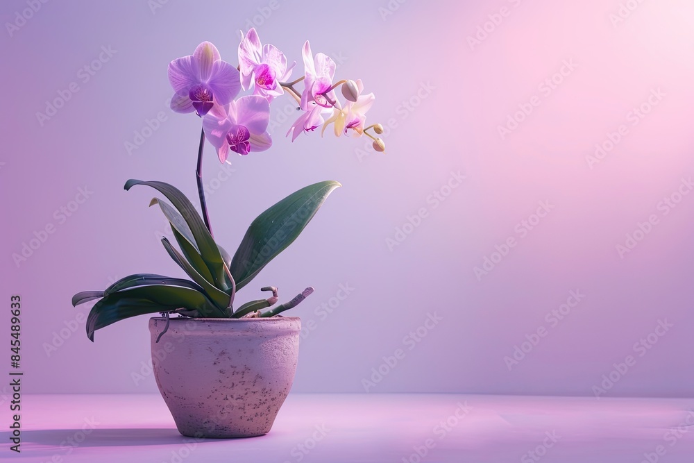 Naklejka premium An orchid plant placed in a pot with integrated fairy lights