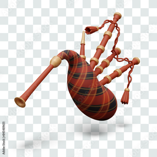 Bagpipe isolated vector image. Realistic wind instrument with bag and several pipes