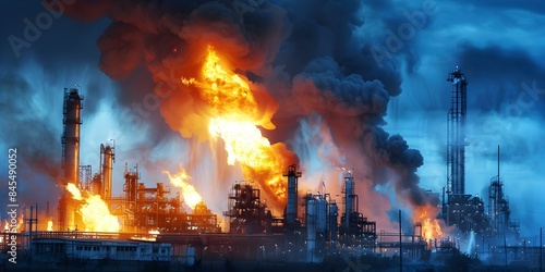 Significant fire and damage caused by military attack on oil refinery. Concept Military Attack, Oil Refinery, Fire Damage, Conflict, Destruction