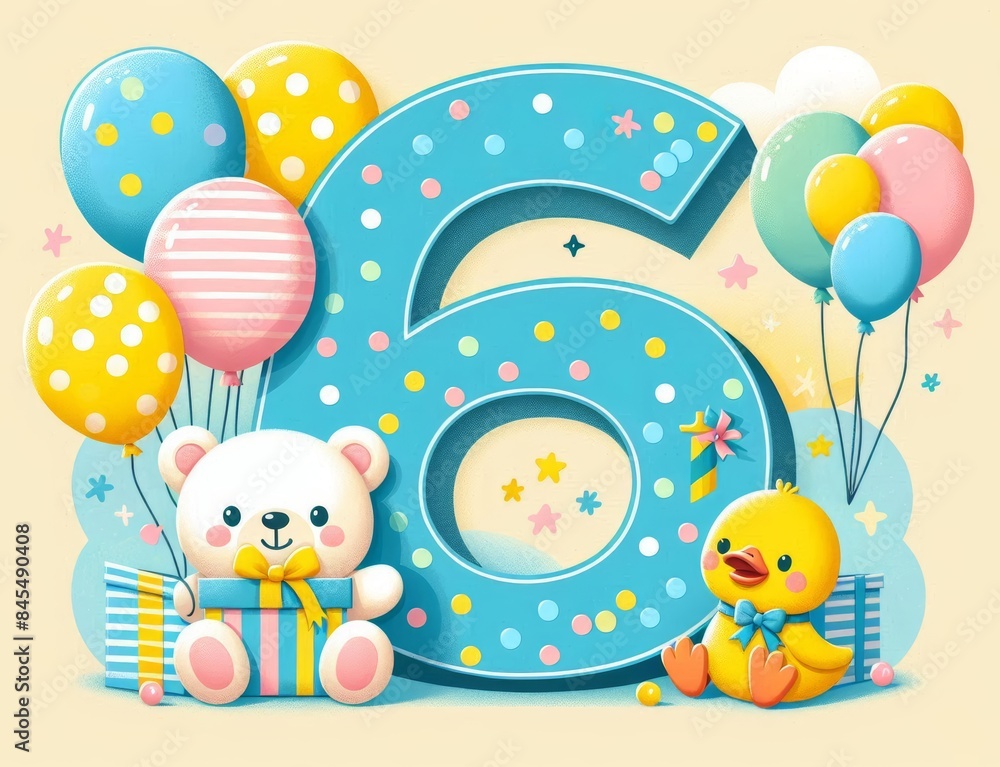 Cute birthday celebration for a six-year-old with playful bear, duck, and colorful balloons. Cute birthday celebration for a six-year-old with playful bear, duck, and colorful balloons.