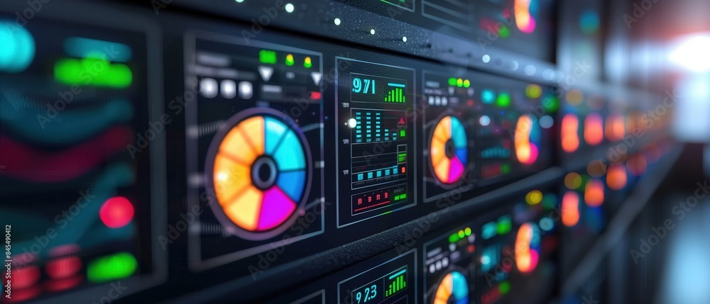 Naklejka premium Abstract colorful data visualization on a server rack.