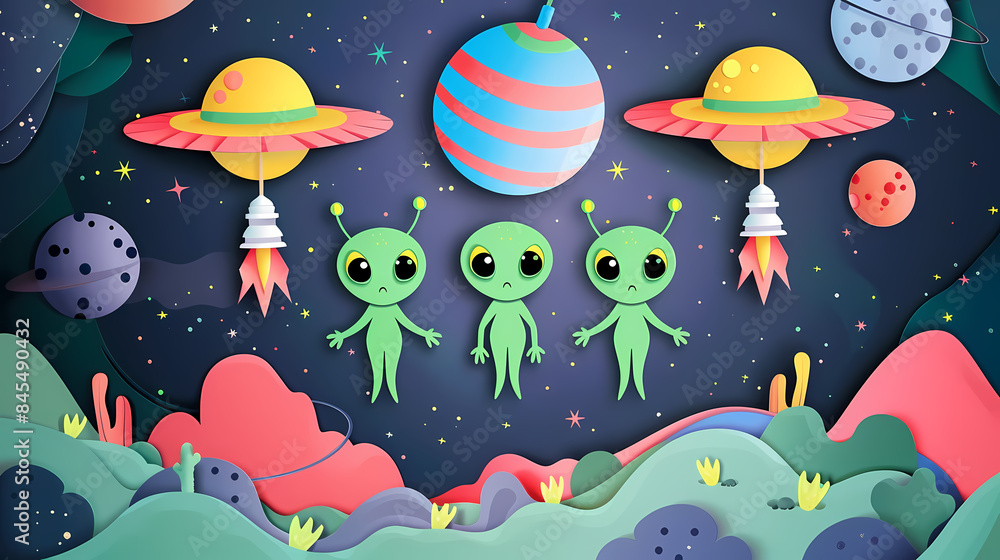Space posters cartoon alien characters spaceship,paper style Space posters cartoon alien characters spaceship,paper style