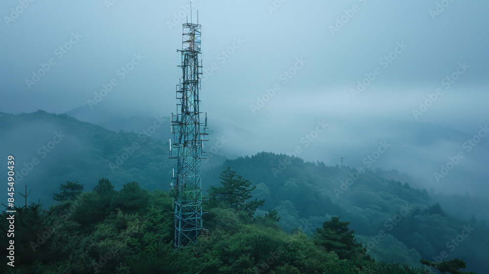 A tall tower is surrounded by trees and fog A tall tower is surrounded by trees and fog