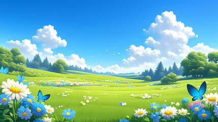 3D cartoon Spring meadow lovely pink flowers 3D natural background