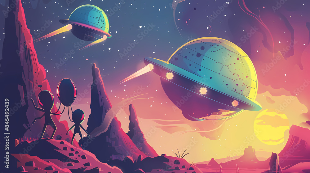 Naklejka premium Space posters cartoon alien characters spaceship,paper style