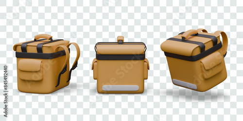 Square yellow backpack for delivery of products, food. Vector object, view from different sides