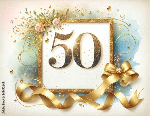 Elegant golden 50th anniversary celebration card with floral accents, ribbons, and glittery details.