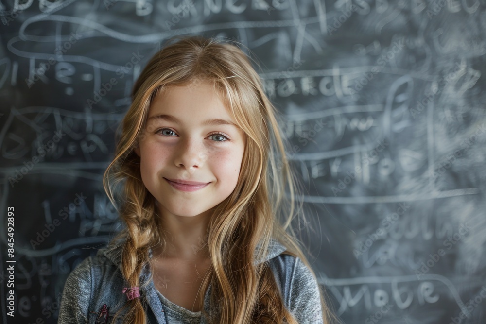 Beautiful smiling girl against chalkboard, school context, happy expression, classroom setting, youthful energy, cheerful learning experience. Beautiful smiling girl against chalkboard, school context, happy expression, classroom setting, youthful energy, cheerful learning experience. 
