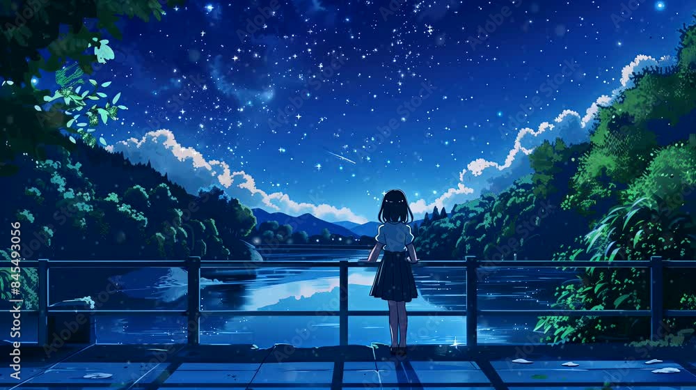 A girl looks at the starlit sky from a bridge over a river. Anime or cartoon style, looping 4k video animation background A girl looks at the starlit sky from a bridge over a river. Anime or cartoon style, looping 4k video animation background