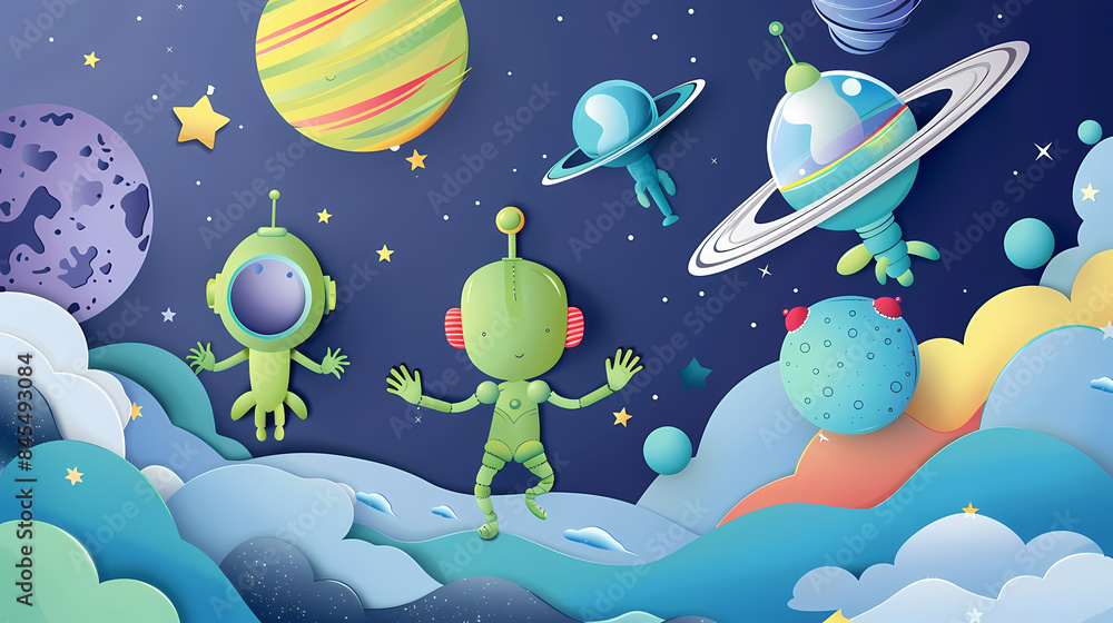 Space posters cartoon alien characters spaceship,paper style Space posters cartoon alien characters spaceship,paper style
