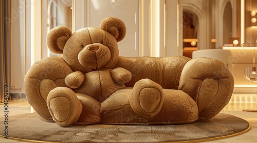 A baby toy couch shaped like a teddy bear, showcased under soft gold lighting, imbuing the space with a sense of warmth and luxury.