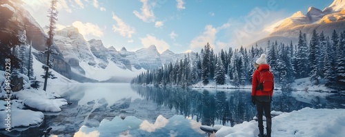 Tranquil Winter Wonderland in Banff National Park Canada Picturesque Snowy Landscape with Frozen Lake and Towering Mountains