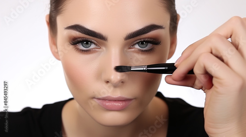 Cosmetics artist using brush to apply liquid eyeliner isolated against background