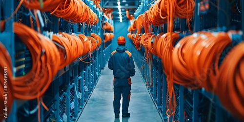 Technician in blue and orange data center surrounded by computer equipment. Concept Data Center Technician, Blue and Orange Theme, Computer Equipment, Technical Support photo