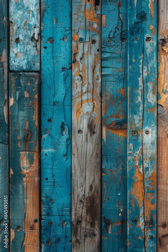 Wooden planks in varying shades of blue and green, creating a serene and peaceful background,