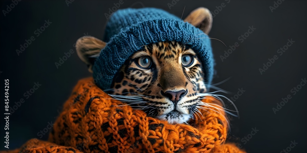 Leopard sports an orange and black sweater paired with a blue hat. Concept Fashion, Leopard Print, Bright Colors, Animal Fashion, Stylish Outfit Leopard sports an orange and black sweater paired with a blue hat. Concept Fashion, Leopard Print, Bright Colors, Animal Fashion, Stylish Outfit