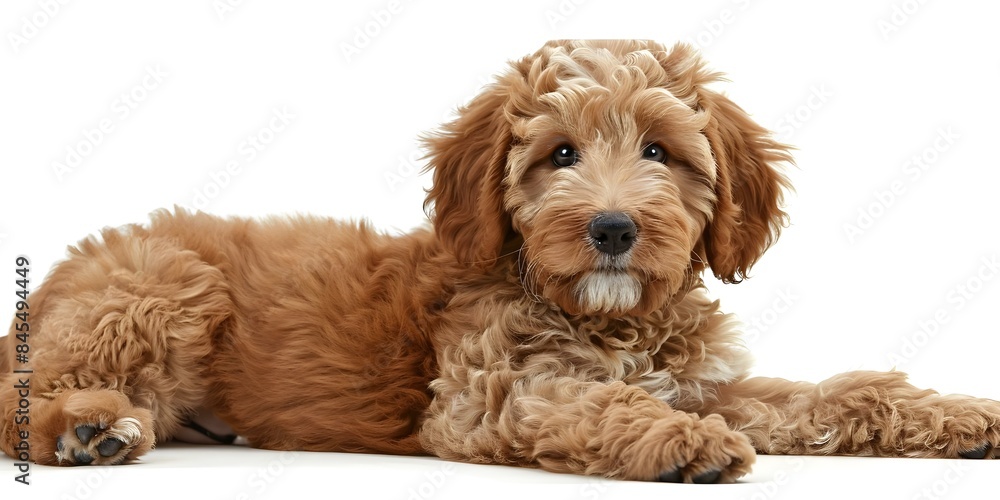 Labradoodle puppy with red or apricot fur lying down looking at camera. Concept Labradoodle puppies, Red fur, Apricot coat, Lying down, Looking at camera Labradoodle puppy with red or apricot fur lying down looking at camera. Concept Labradoodle puppies, Red fur, Apricot coat, Lying down, Looking at camera