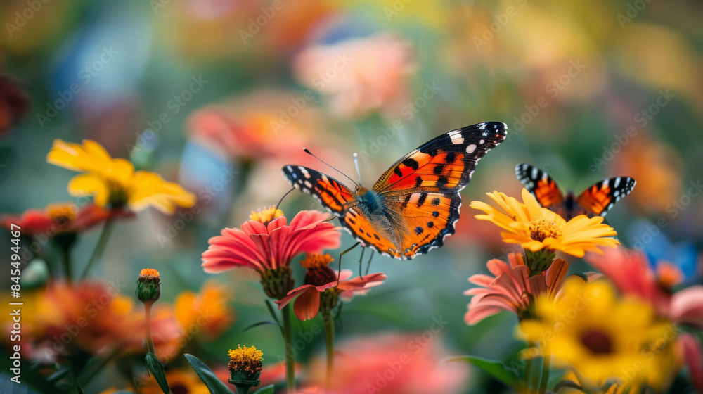 Obraz premium A butterfly is flying over a field of flowers