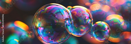 Extreme close-up of iridescent soap bubbles with rainbow colors on a solid dark background, highlighting vibrant and mesmerizing patterns. 