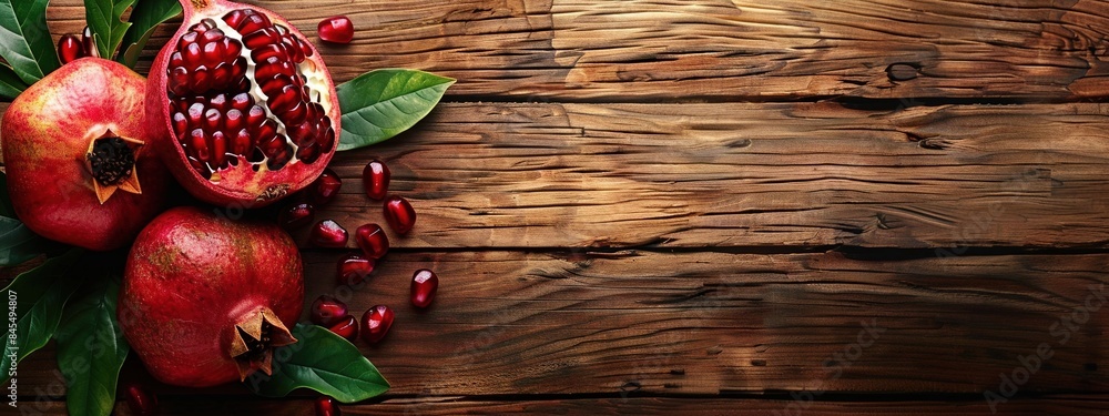 Red seed green leaf pomegranate on an ancient wooden table Red seed green leaf pomegranate on an ancient wooden table