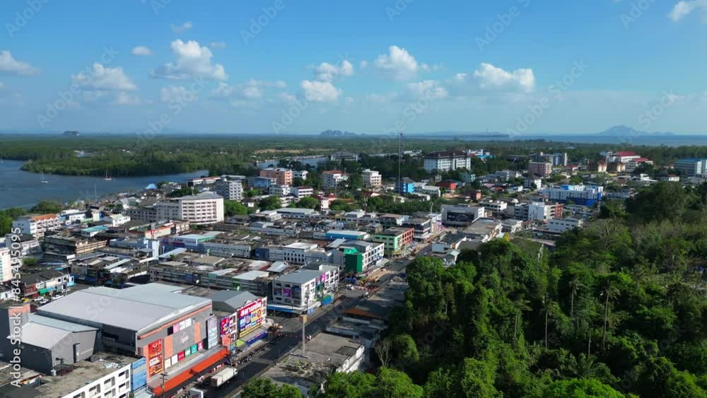 krabi town with buildings traffic in street. Majestic aerial view flight drone krabi town with buildings traffic in street. Majestic aerial view flight drone