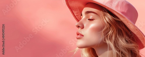 Fashion pretty young woman in peach hat and blond hair, elegant profile, soft lighting, stylish and graceful portrait.