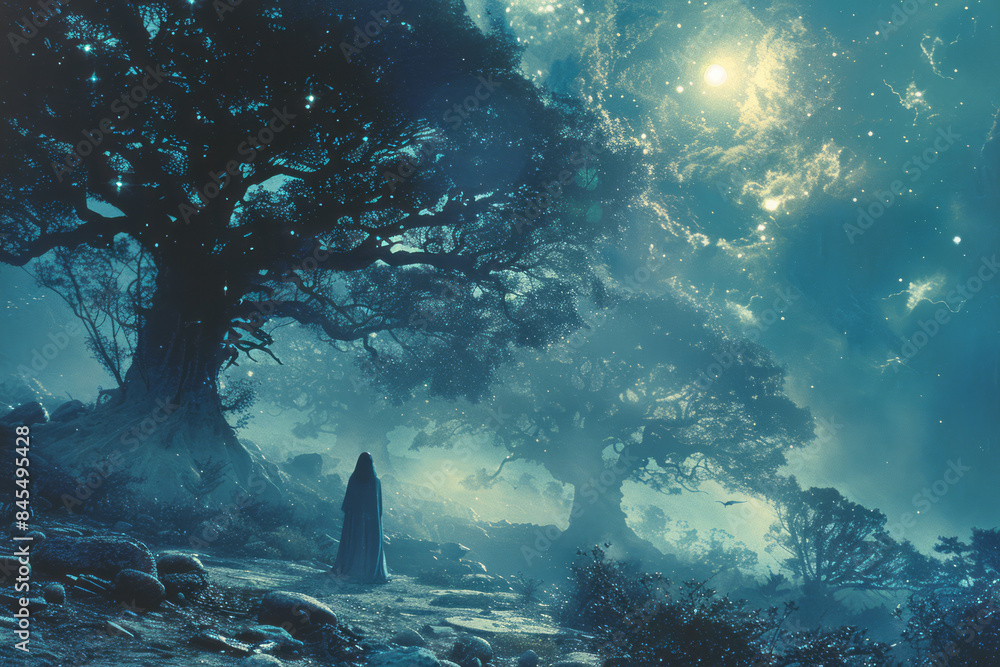 Mystical illustration of a person communing with ancient trees in a moonlit forest, Mystical illustration of a person communing with ancient trees in a moonlit forest,