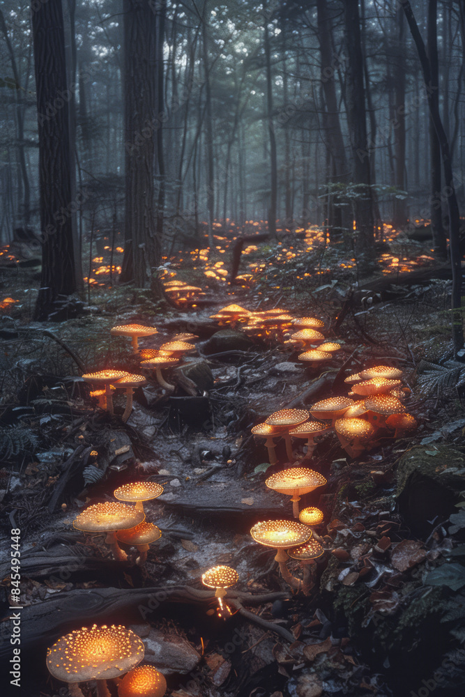 Enchanted scene of a person in a forest glade, surrounded by glowing mushrooms, Enchanted scene of a person in a forest glade, surrounded by glowing mushrooms,