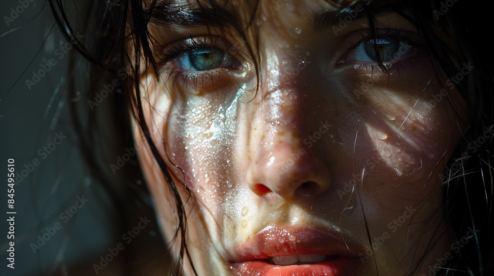 A close-up portrait of a womans face, illuminated by sunlight, with water droplets clinging to her skin A close-up portrait of a womans face, illuminated by sunlight, with water droplets clinging to her skin