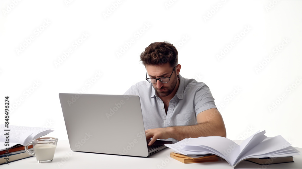 Man alone on a background, working with documents and a laptop while under stress Man alone on a background, working with documents and a laptop while under stress