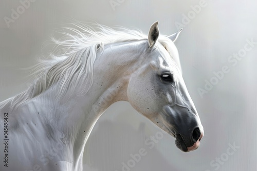 Stunning portrait of a pure white Arabian horse against a soft gray background, showcasing its elegant profile and flowing mane, hyper realistic portrait of an Arabian horse a white coat photo