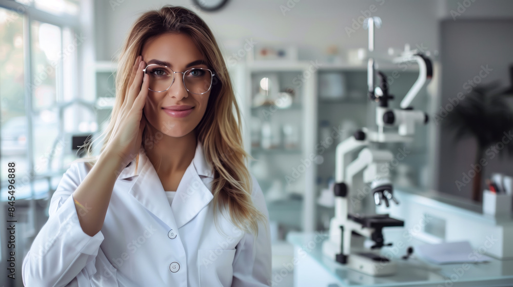 An elegant female ophthalmologist stands An elegant female ophthalmologist stands