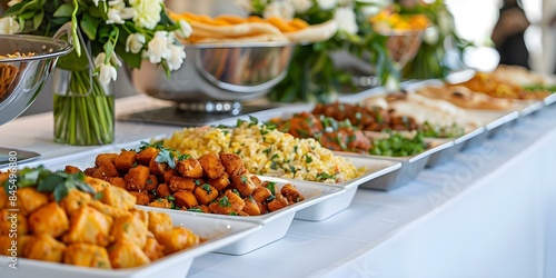 Delicious Indian Food Buffet Spread on a White Table with Curry, Samosa, and Naan. Concept Indian Cuisine, Food Photography, Buffet Presentation, Cultural Gastronomy, Tasty Spread